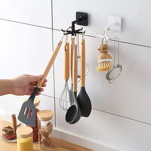 NISEVEN Cheap Foldable Adhesive Wall Hooks Wall Mount 360 Rotating Utensil Rack with 6 Hooks Kitchen Hanging Utensil Holder Hook