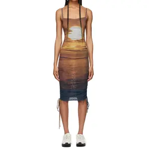 OEM Sleeveless Multicolor Allover Printed Ruched Mesh Strap Dress