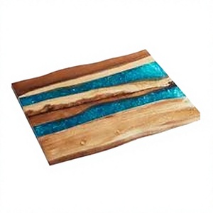 Tabla de cortar de resina de madera con incrustaciones azules, borde natural, rectangular, antideslizante, para cocina, tabla para queso, de una sola pieza - Product Image 1