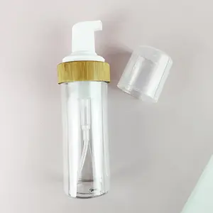 Heißer Verkauf 150ml leere klare Farbe Bambus kragen Kunststoff schäumende Seifens chaum Pump flasche mit Bambus deckel