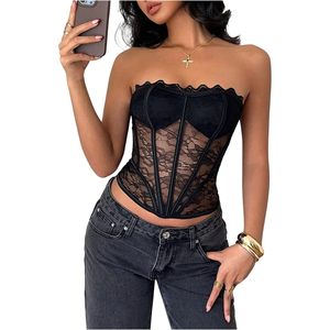 Haut corset en dentelle pour femme, bustier sans bretelles, sans manches, court, moulant, dos nu, transparent, pour soirée et club - Product Image 1