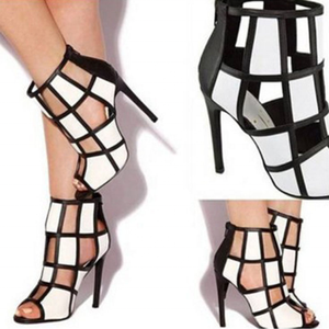 Botines de tacón alto con punta abierta y diseño hueco a cuadros, modernos, para primavera/verano, talla grande 43, con cremallera trasera. - Product Image 6