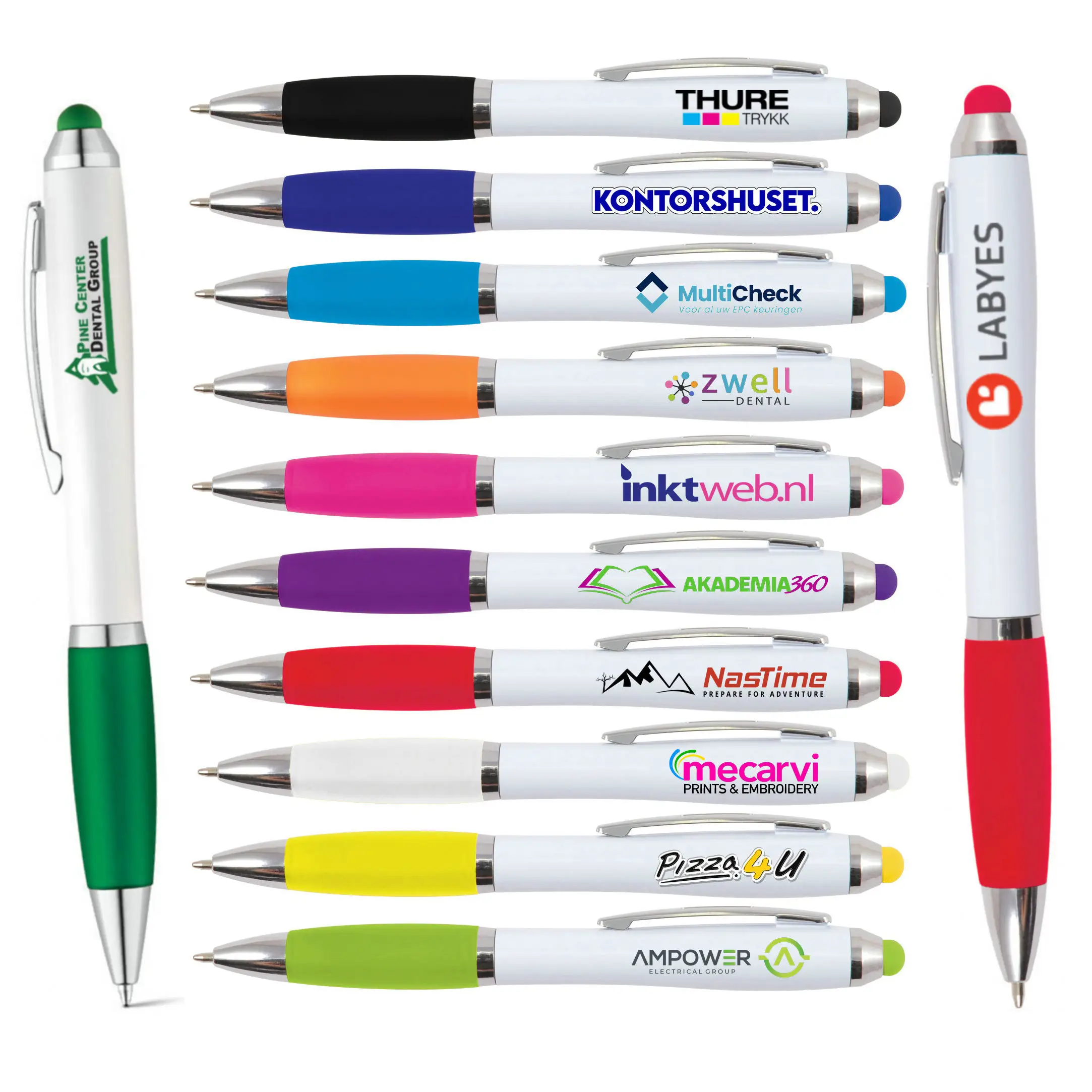 Stylus-Bolígrafo de bola para móvil, bolígrafo de bola con logotipo y agarre a juego, color blanco