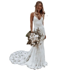Wedding Dress Mermaid V Neck <b>Lace</b> Backless <b>White</b> Slim Fit For Beach Banquet Evening Gown - Product Image 5