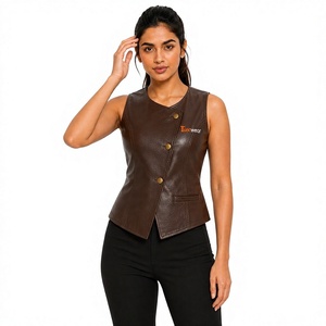 Tiierwear Women's <b>Brown</b> PU Leather Asymmetric <b>Vest</b> With Button Closure Front Logo Outer Wear - Product Image 1