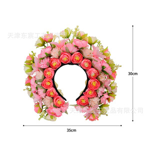 Dongchen Crafts <b>Silk</b> Flower <b>Headband</b> Pink Green Ethnic Style Hair Accessory For Photo Performance Prop - Product Image 5