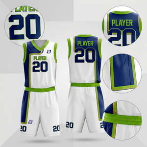 Ensemble de maillots de basket-ball sublimés personnalisés Blanc Marine Vert Joueur 20 Sans manches Col en V Polyester respirant Adulte Unisexe - Product Image 2