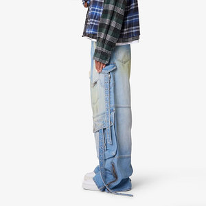 Pantalons en jean pour hommes de qualité en gros, coupe large, taille élastique, multi-poches, résistants, style cowboy, longueur complète, ourlets empilés - Product Image 5