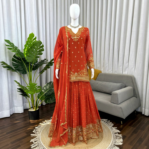 Salwar Kameez Rojo Bordado para Mujer, Vestido Largo Tradicional Indio Pakistaní para Bodas, Corte Holgado, Poliéster - Product Image 1