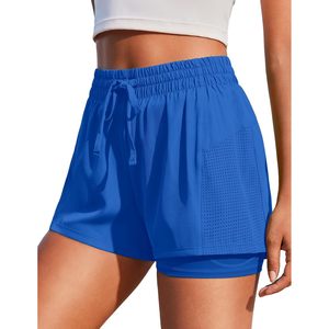 Pantalones cortos de running 2 en 1 para mujer FOXA con bolsillos interiores, pantalones cortos deportivos de secado rápido para entrenamiento y gimnasio, ligeros, de spandex y poliéster - Product Image 1