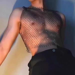 Débardeur en nylon pour homme, orné de strass, style maille filet, séchage rapide, transparent, coupe <span class=keywords><strong>musclée</strong></span>, <span class=keywords><strong>sexy</strong></span>, pour club de nuit, Bungee - Product Image 4