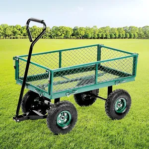 Garden Steel Utility Cart Dump Wagon Cart with Pneumatic Tires Removable Sides outdoor Garden Carts Wagons Green Mesh Deck Wagon