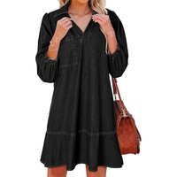 Robe en jean pour femme, multicolore, denim délavé, col en V, manches bouffantes, ourlet à volants, robe en jean décontractée pour femme