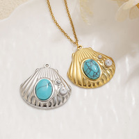 Breloques Coquillages Style Océan, Pendentifs en Acier Inoxydable Incrustés de Turquoise et d'Imitation de Perle, Accessoires de Bijoux DIY