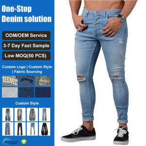 Jean en denim coupe bootcut personnalisé pour <span class=keywords><strong>homme</strong></span>, déchiré, délavé clair, couleur unie, coupe <span class=keywords><strong>slim</strong></span>, style streetwear, effet usé - Product Image 1