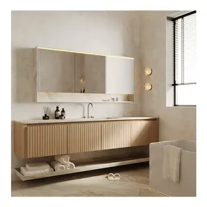 Pia dupla flutuante moderna para banheiro, pia de madeira e granito, iluminação com espelho, lavatório para banheiro de hotel
