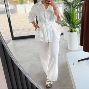 Women's Belted Shirt & Wide Leg <b>Pants</b> Set Long Sleeve Button-<b>Down</b> 2 Piece Outfit Fashion - Product Image 3