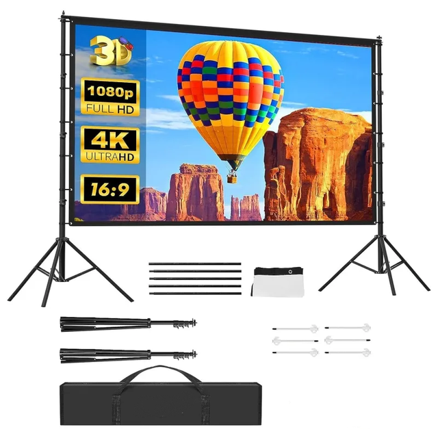 Projector Movie Screen with Stand, 4K HD16:9 Wrinkle-Free Self Stand Projector Screen for Home Theater Backyard Cinema
