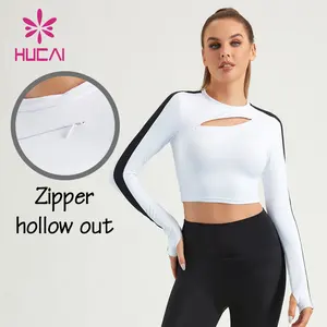 HUCAI custom spandex slim fit sexy Front zipper hollow out long sleeve sports tee Yoga crop top gym t Shirt for Women