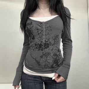 T-shirt à manches longues coupe ajustée style Y2K vintage écoresponsable - Haut décontracté en maille côtelée élastique avec imprimé rétro contrastant - Product Image 1