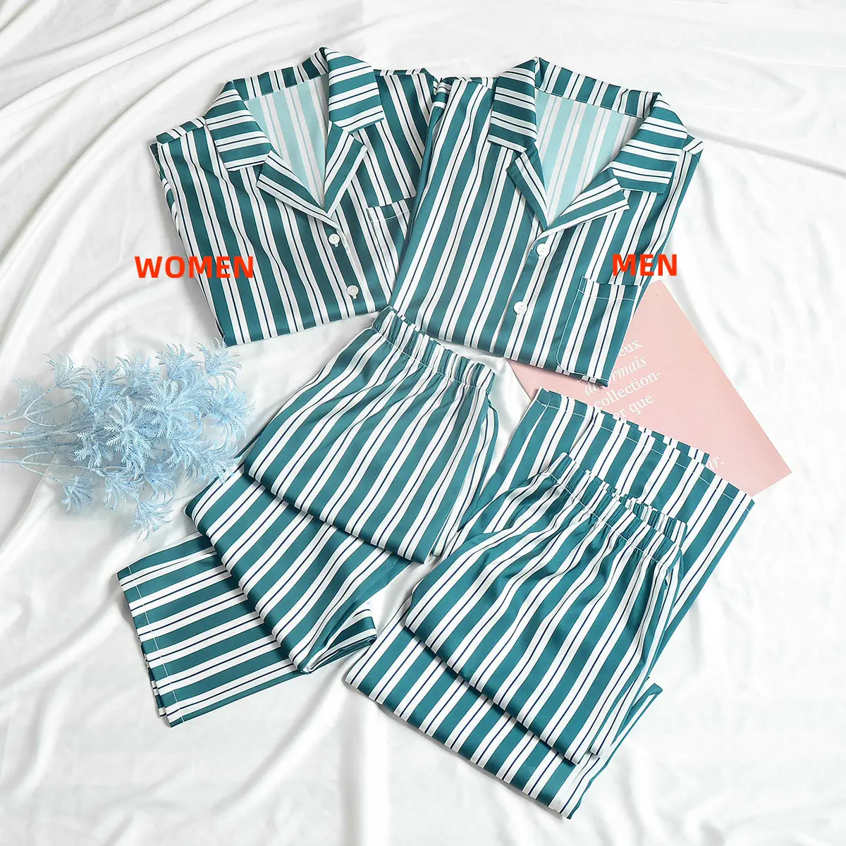 Nuovo design 2024 pigiama satinato set in stock da uomo e da donna a maniche lunghe con motivo a strisce stampate