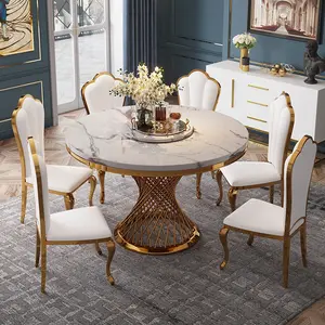 意大利豪华不锈钢框架圆桌带旋转中心石材白色大理石顶级餐桌