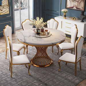Juego de Comedor de Diseño Moderno con Mesa Redonda de Acero Inoxidable de Lujo Italiano con Centro Giratorio y Cubierta de Mármol Blanco y Sillas de Cuero - Product Image 1