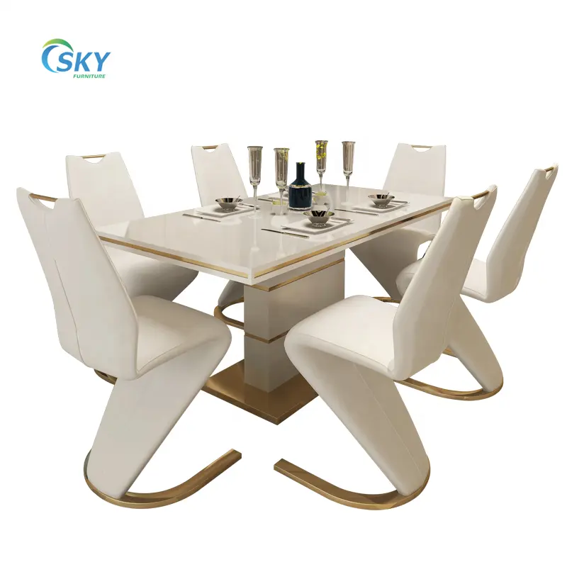 CIELO MDF bianco lucido tavolo da pranzo in vetro temperato bianco eccellente set con brillante in acciaio inox