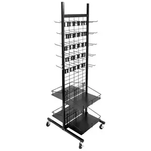 Loja de varejo de Supermercado loja de supermercado de Metal Dupla Face Display Stand 2 Tiers rodas móveis Stand Rack Com Ganchos