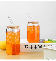 Verre à bière transparent en gros de 12 oz et 16 oz avec couvercle en bambou et paille, tasse en verre borosilicate de haute qualité, tasse à lait et à café