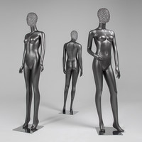 Maniquí Femenino de Fibra de Vidrio Negro Mate, Cuerpo Completo, Cabeza de Cristal Plateado Abstracto, Maniquí de Exhibición para Escaparate de Boutique