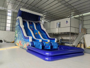 ราคาโรงงาน สไลเดอร์น้ำเป่าลมกลางแจ้ง สไลเดอร์น้ำเป่าลมรูปโลมาสีฟ้าสำหรับเด็ก สไลเดอร์น้ำเป่าลมแบบคู่ - Product Image 1