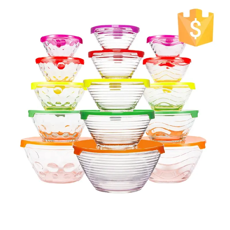 Hot Selling 5Pcs Glas Mengkom Set Met Plastic Deksel, China Supply Glazen Slakom Set