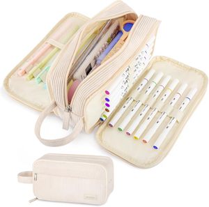 Grande trousse à crayons mignonne avec poignée pour adolescents, cadeau unisexe - Grande trousse à 4 compartiments en velours côtelé, bleu ciel - Product Image 2