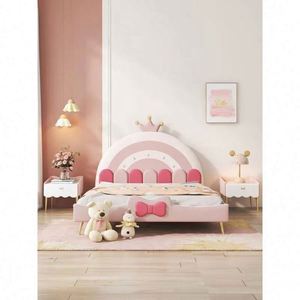 Cake Princess Kids <b>Daybed</b> Full Size <b>Wood</b> Cotton Upholstery Comfortable Modern Pink Rainbow Color Block Design for Girls Bedroom - Product Image 6