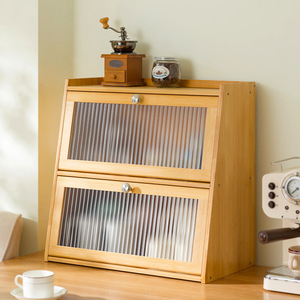 Desktop Storage Box Bamboo Cup Cabinet With Glass Door Kitchen Tableware Organizer <b>Rectangle</b> Standing Type Covered - Product Image 1