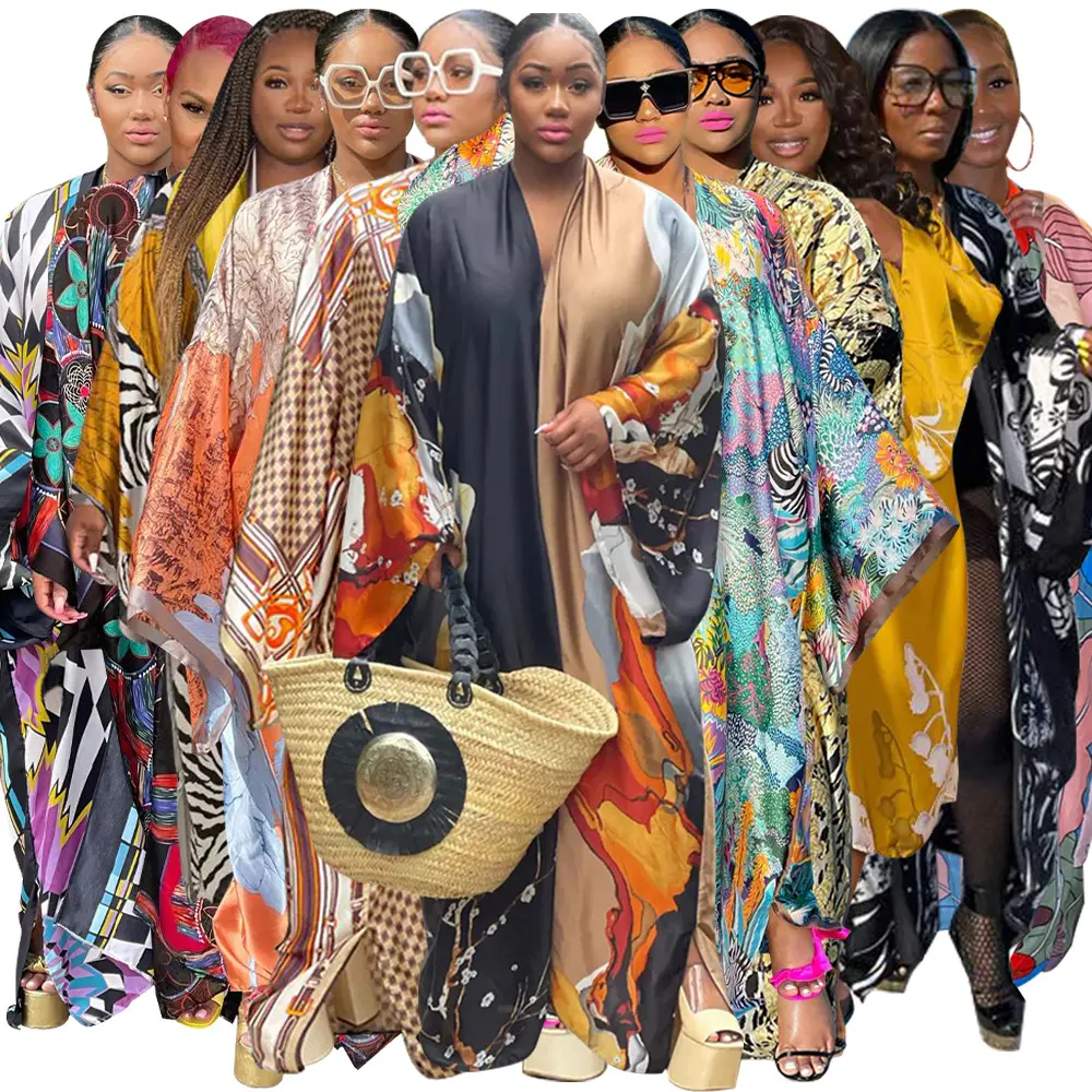 Sharee Kimono kardigan grosir musim gugur 2022 pakaian wanita ukuran rata-rata Kimono sutra cetak Digital Dropshipping untuk wanita