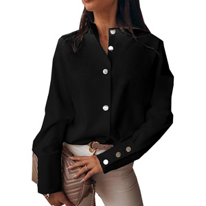 RNSHANGER dernières femmes élégantes <span class=keywords><strong>chemises</strong></span> à boutons décontracté couleur unie blanc noir col montant à manches longues <span class=keywords><strong>chemises</strong></span> pour femmes - Product Image 5