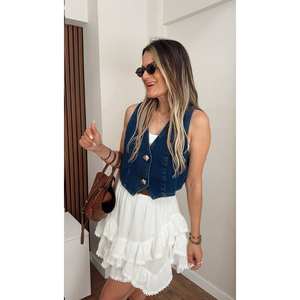 เสื้อกั๊กยีนส์แขนกุดสำหรับผู้หญิง, เสื้อผ้าฝ้าย100% แขนกุดสไตล์ลำลองทรงคลาสสิก - Product Image 2