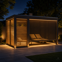 Pergola en aluminium de luxe série E avec persiennes latérales manuelles à effet bois et stores à enroulement motorisés intégrés