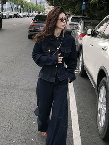Ensemble denim tendance pour <span class=keywords><strong>femme</strong></span>, respirant, lavable, style vintage, streetwear, 2 pièces, jean taille haute ample et veste - Product Image 2
