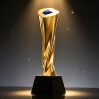 Trophée en métal doré de 250 mm avec incrustation de gemmes bleues et base en cristal noir, statuette personnalisable en forme, couleur et logo