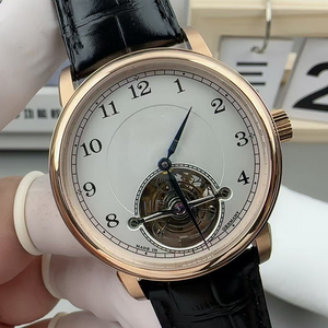 Montre mécanique pour homme, nouveau style, tourbillon, remontage manuel, cristal saphir, boîtier en or rose, cadran blanc, bracelet en cuir noir - Product Image 1