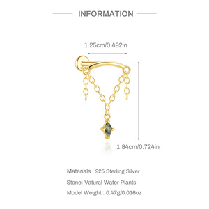 Pendiente Individual de Ágata Musgo Verde Natural, Plata de Ley S925 Chapada en Oro, Elegante Diseño de Rombo con Parte Trasera Plana, Joyería para Piercing - Product Image 6