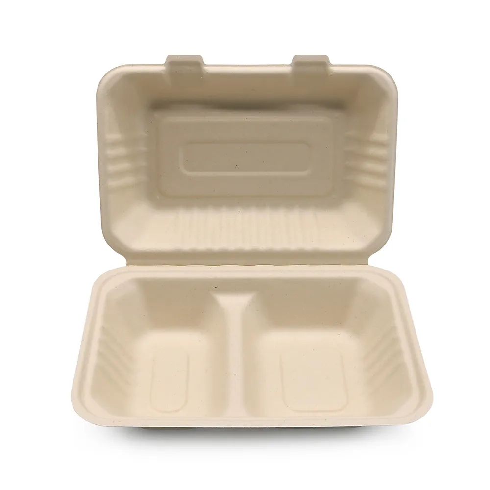 Personnalisable 900ml 9 "2 compartiment étanche Bagasse fait Composite biodégradable jetable emballage alimentaire boîtes à emporter Eco