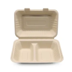 Disposable Customizable 900ml 9" 2 Compartment Leakproof Bagasse Made Composite Biodegradable Disposable Food Packaging Boxes Takeaway Eco