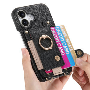 Étui de téléphone en cuir avec anneau métallique, bandoulière longue, porte-cartes et portefeuille, coque arrière de protection pour <span class=keywords><strong>iPhone</strong></span> 17 16 15 14 13 12 Pro Max - Product Image 2