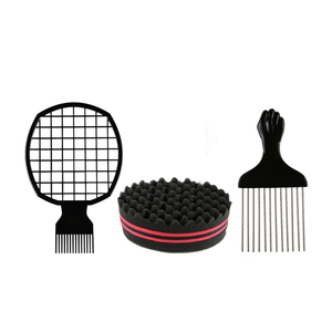 Kit de brosses à cheveux pour hommes 3 pièces avec logo personnalisé, comprenant une éponge pour boucler et tordre les cheveux, un peigne <span class=keywords><strong>afro</strong></span> et un peigne à <span class=keywords><strong>barbe</strong></span>, avec manche en plastique - Product Image 1