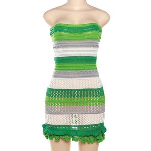 Vestido <span class=keywords><strong>de</strong></span> tubo <span class=keywords><strong>de</strong></span> punto para mujer elegante verano Patchwork rayas volantes dobladillo ajustado elástico Bodycon Clubwear Sexy Night Club Vestido corto - Product Image 5