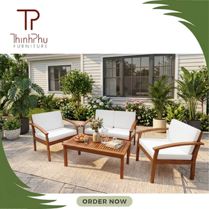 Contemporary Outdoor Wood <b>Sofa</b> Set with White Cushions for Garden Patio Furniture - Product Image 2